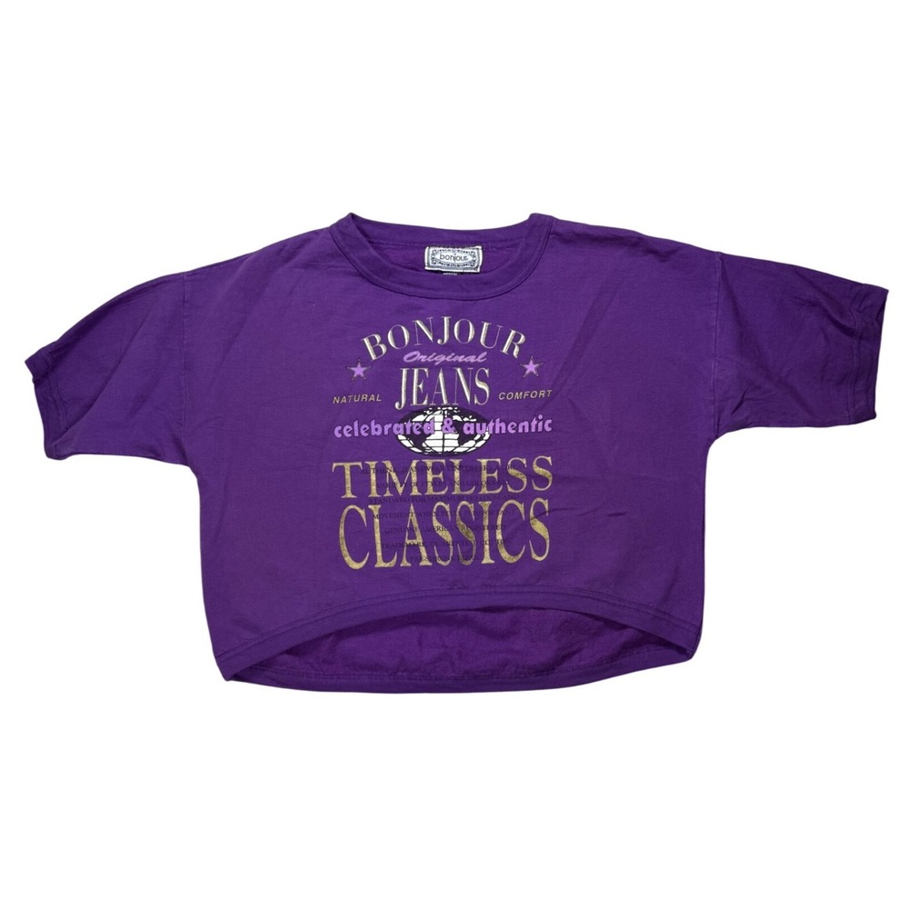 Vintage Bonjour Jeans Purple Graphic Cropped Sweatshirt Short Sleeve Medium USA